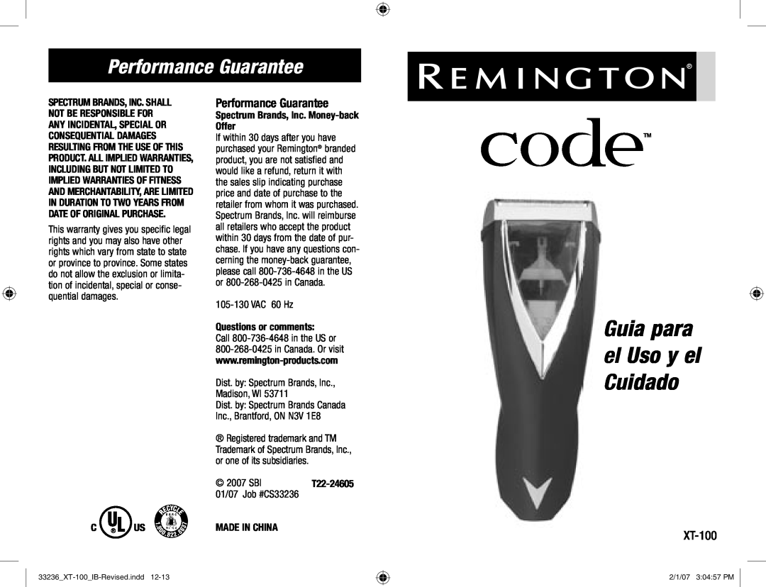 Remington Remington Code manual Guia para el Uso y el idado, Performance Guarantee, Spectrum Brands, Inc. Money-back Offer 