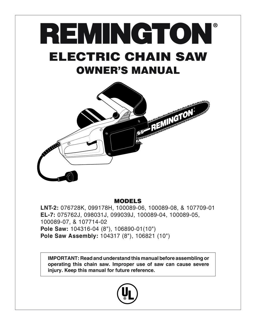 Remington owner manual Electric Chain SAW 