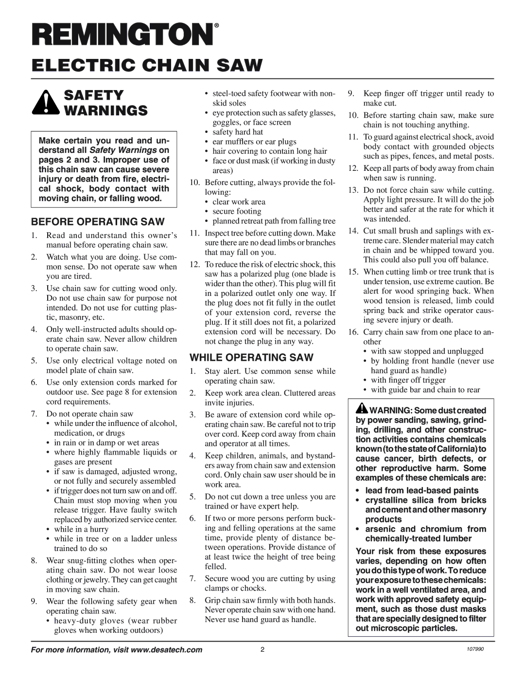 Remington owner manual Safety, Before Operating SAW, While Operating SAW 