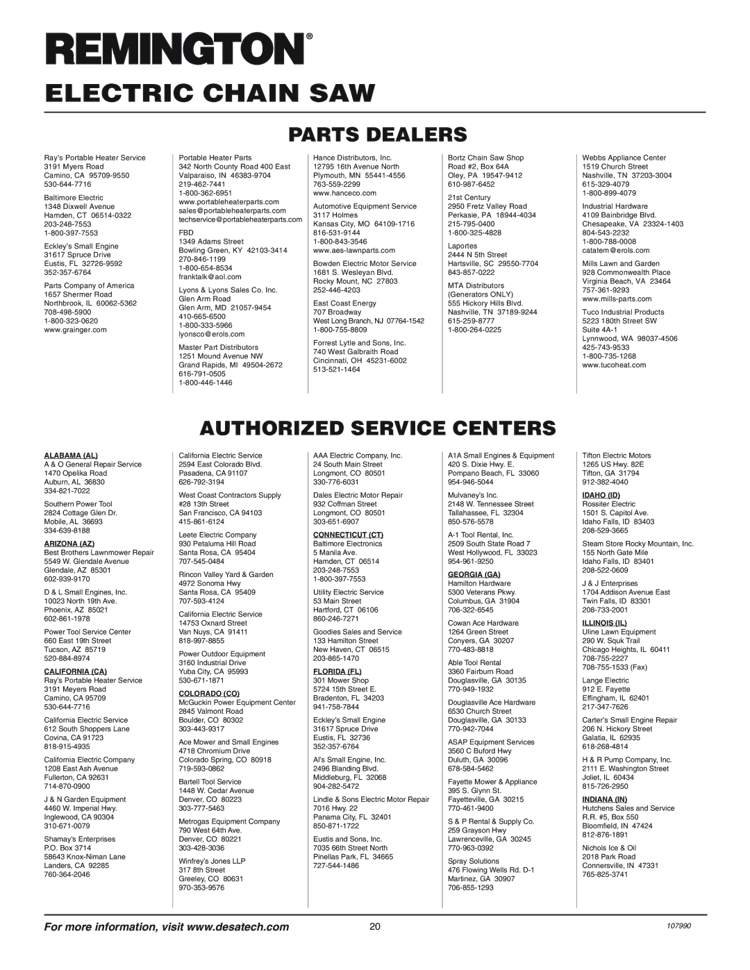 Remington owner manual Parts Dealers, Authorized Service Centers 