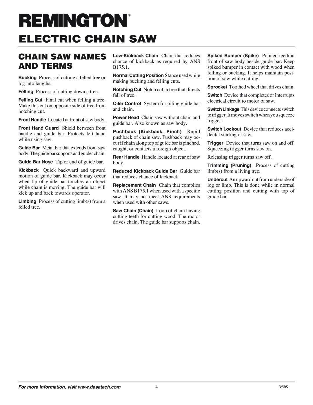 Remington owner manual Chain SAW Names and Terms 