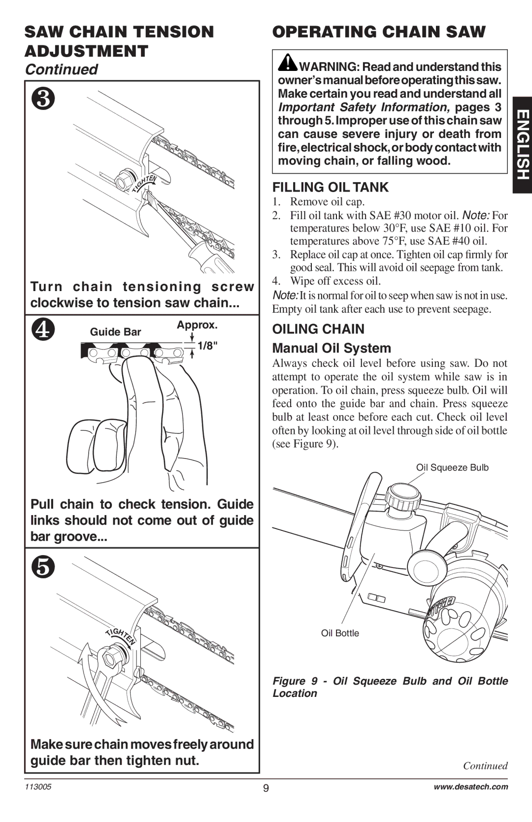 Remington M12510US, M15012US, M15014US, M15014AS, M30016US, M30016AS, M30016AW, M35016UW, M35016AW Operating Chain SAW 