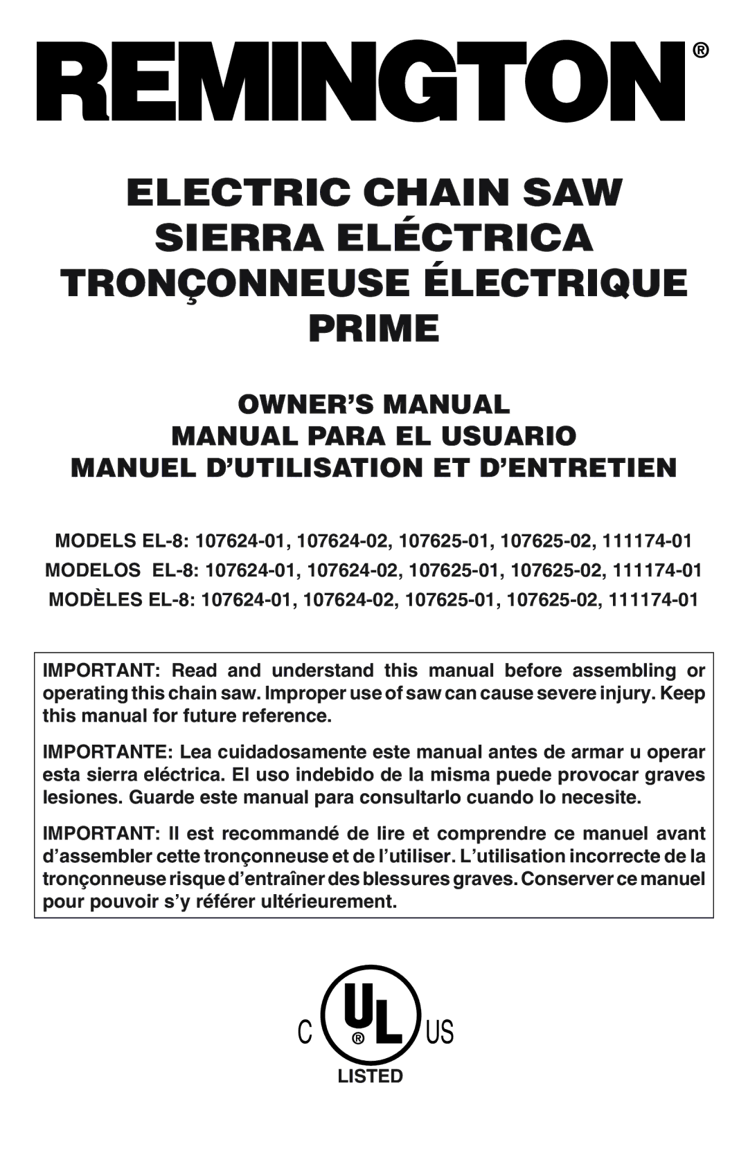 Remington EL-8: 107624-01, EL-8: 107624-02, EL-8: 107625-01, EL-8: 107625-02, EL-8: 111174-01 owner manual Listed 