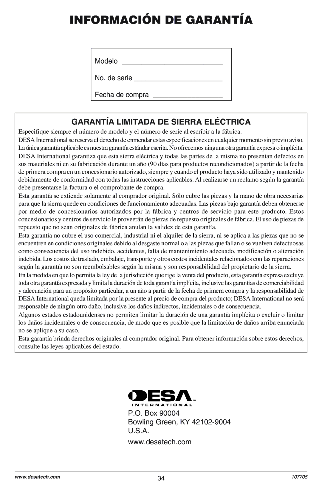 Remington EL-8: 107624-01, EL-8: 107624-02, EL-8: 107625-01, EL-8: 107625-02, EL-8: 111174-01 Información DE Garantía 