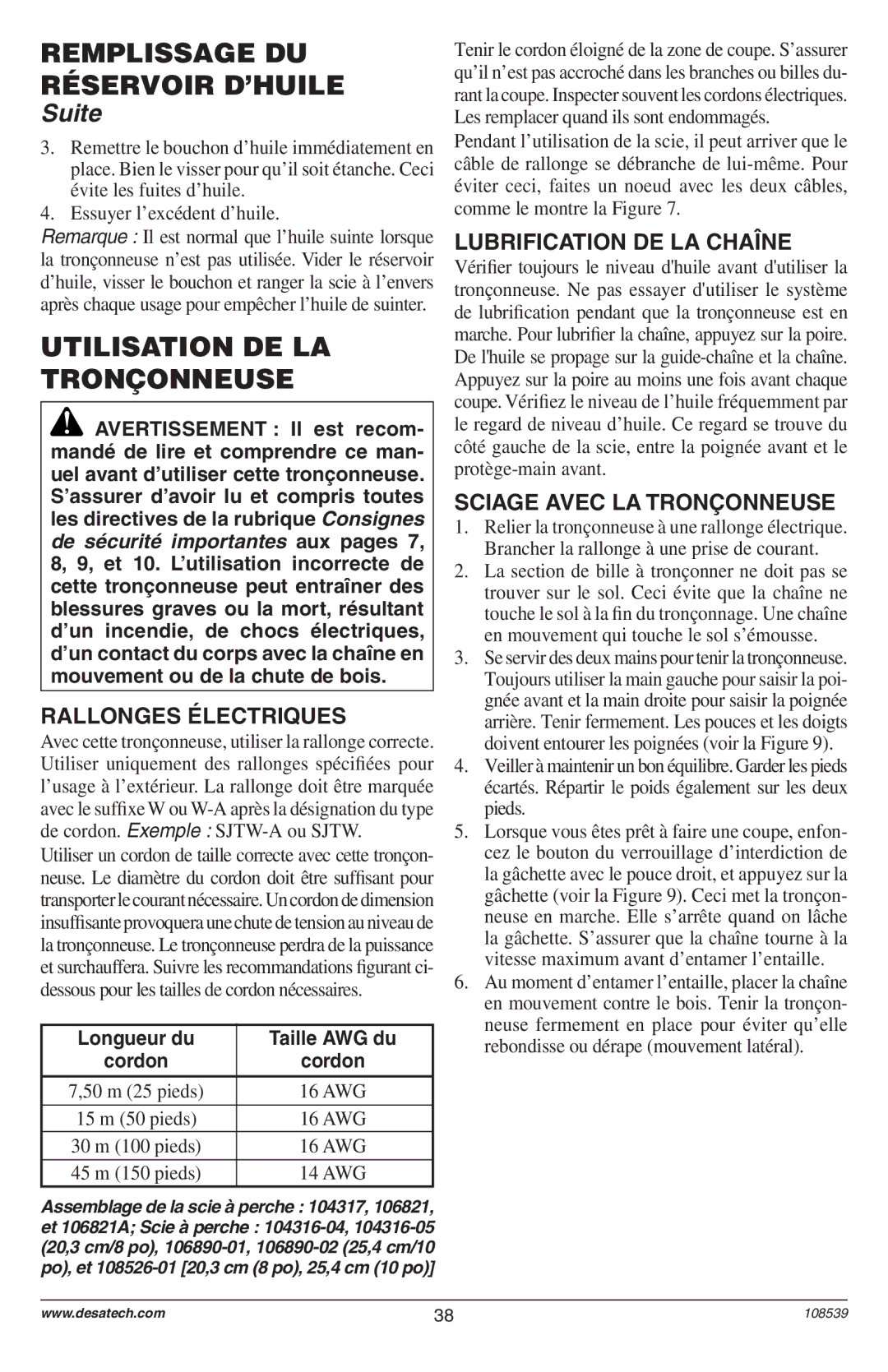 Remington 104316-04, 104316-05, 106890-01, 106890-02, 108526-01, 104317, 106821, 106821A Utilisation DE LA Tronçonneuse 