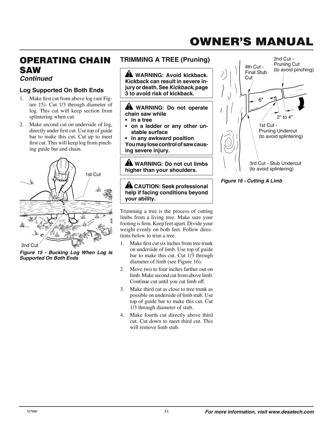 Remington owner manual TRIMMING A TREE Pruning, Log Supported On Both Ends, Owner’S Manual, Operating Chain Saw, Continued 