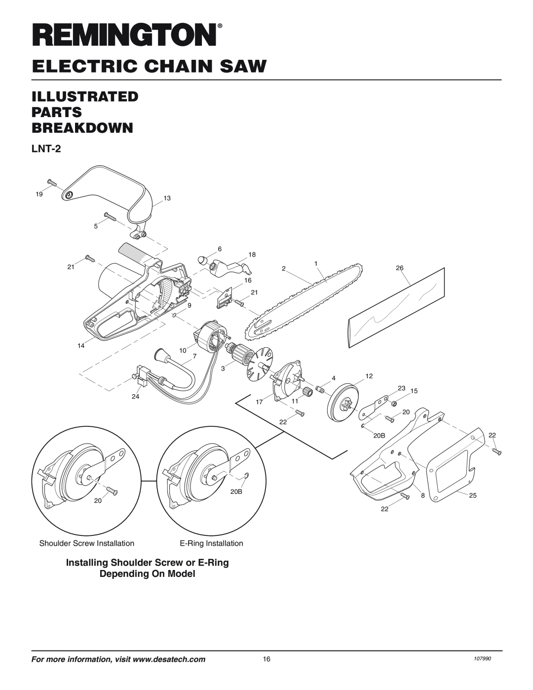 Remington Illustrated Parts Breakdown, LNT-2, Installing Shoulder Screw or E-Ring Depending On Model, Electric Chain Saw 