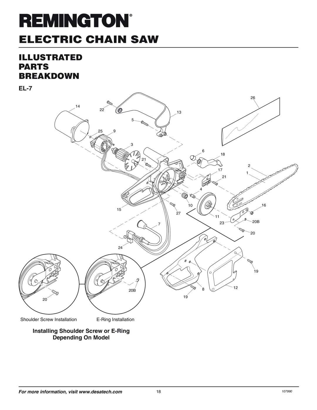 Remington EL-7, Electric Chain Saw, Illustrated Parts Breakdown, Installing Shoulder Screw or E-Ring Depending On Model 