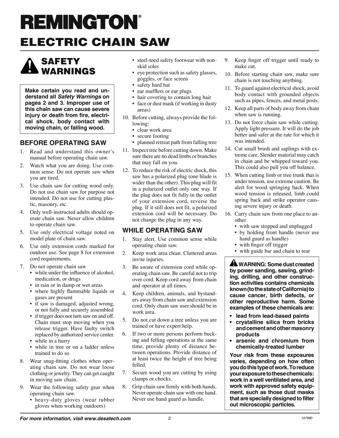 Remington owner manual Electric Chain Saw, Safety Warnings, Before Operating Saw, While Operating Saw 