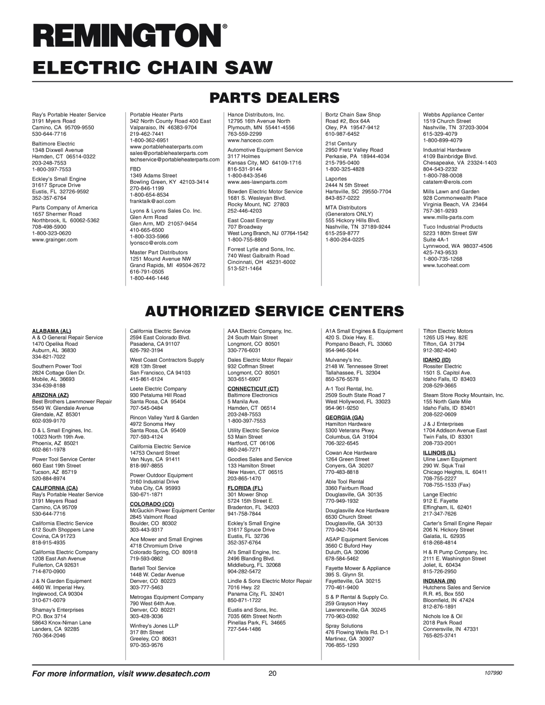 Remington owner manual Parts Dealers, Authorized Service Centers, Electric Chain Saw, 107990 