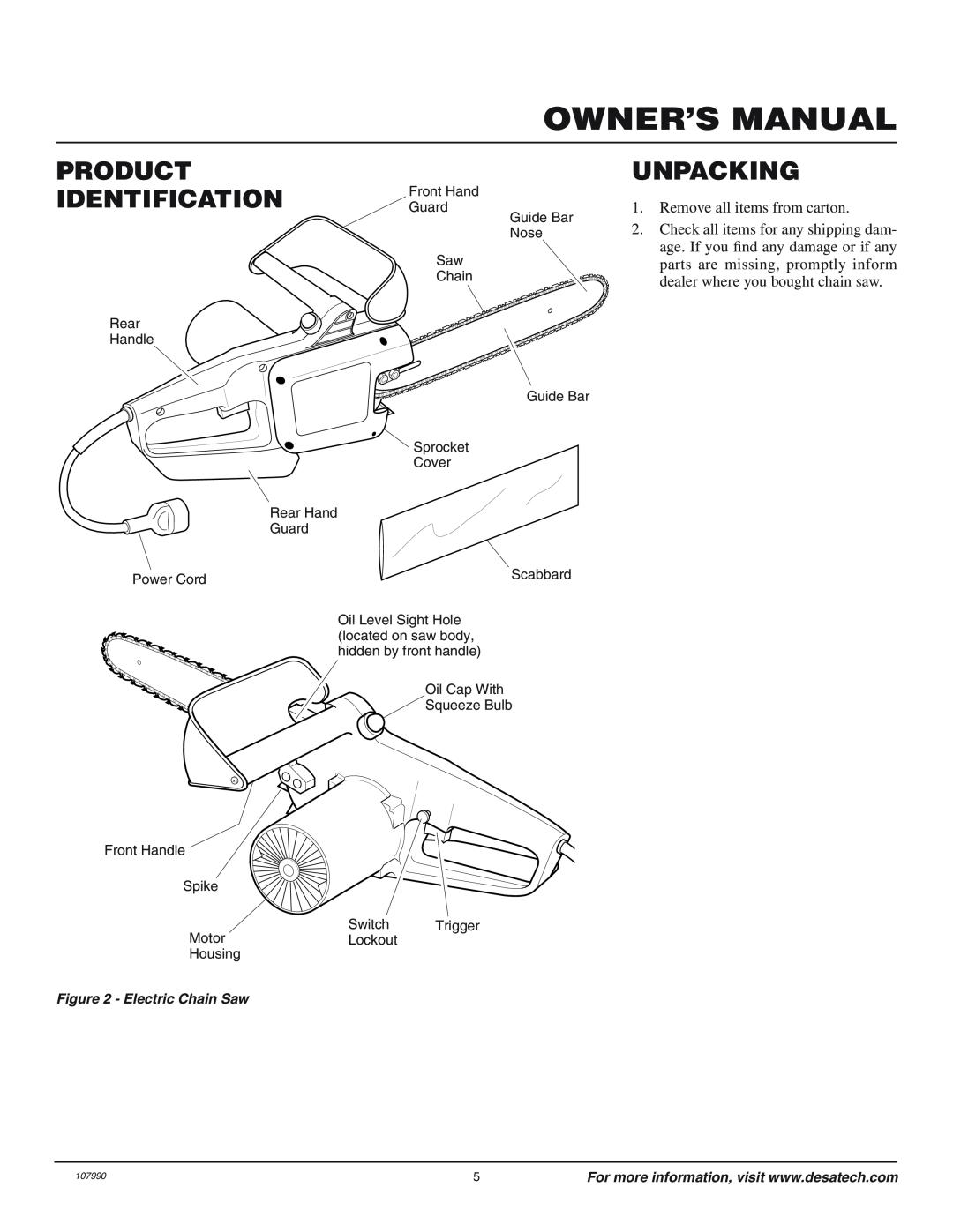 Remington owner manual Product, IDENTIFICATION Guard, Unpacking, Owner’S Manual, Electric Chain Saw 