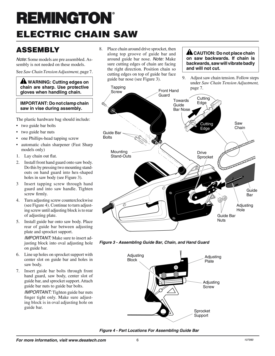 Remington owner manual Assembly, See Saw Chain Tension Adjustment, page, Electric Chain Saw, CAUTION Do not place chain 