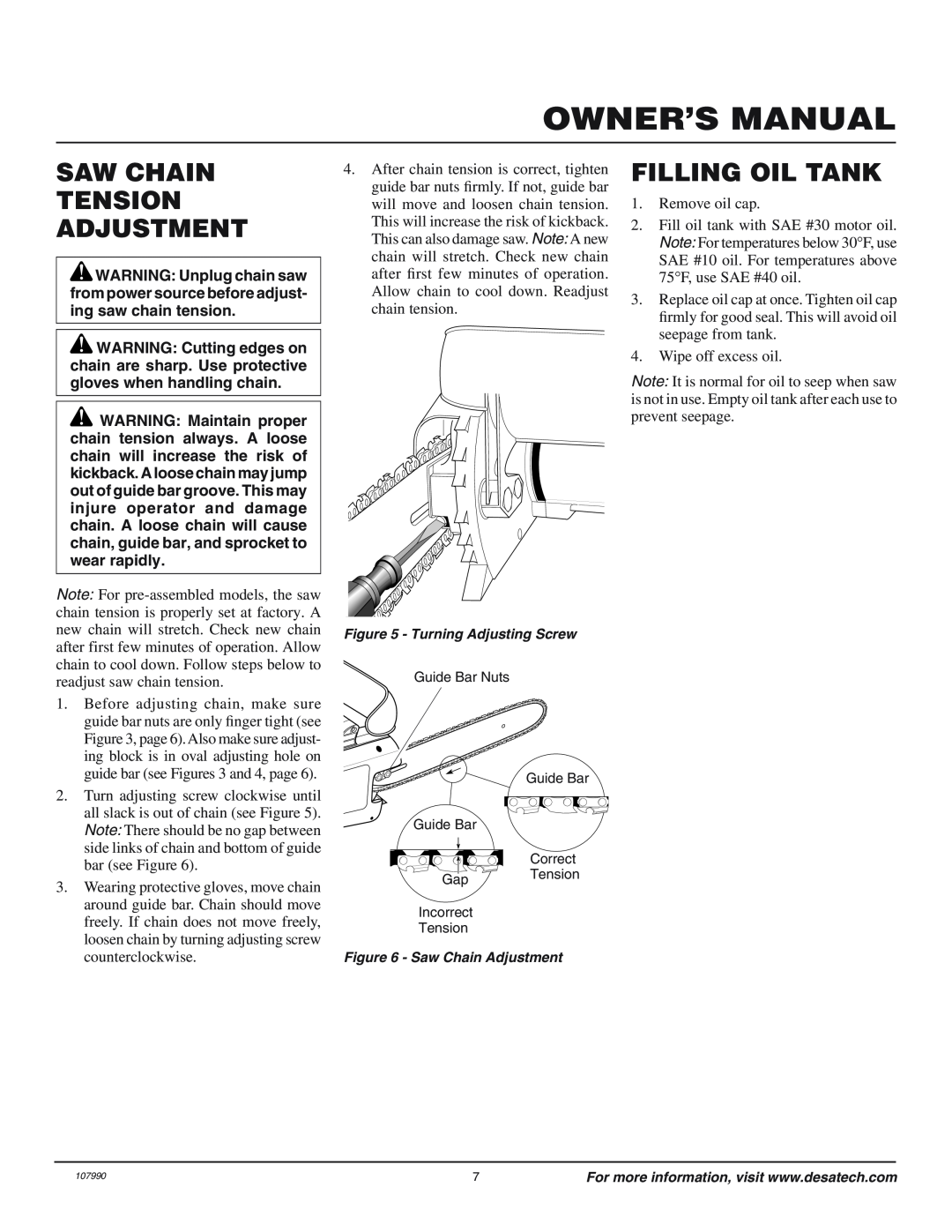 Remington owner manual Saw Chain Tension Adjustment, Filling Oil Tank, Owner’S Manual 