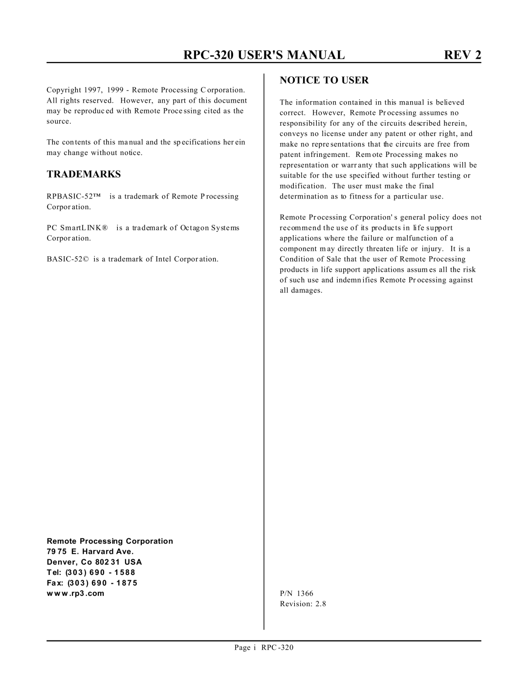 Remote Technologies RPC-320 manual Trademarks, Revision 