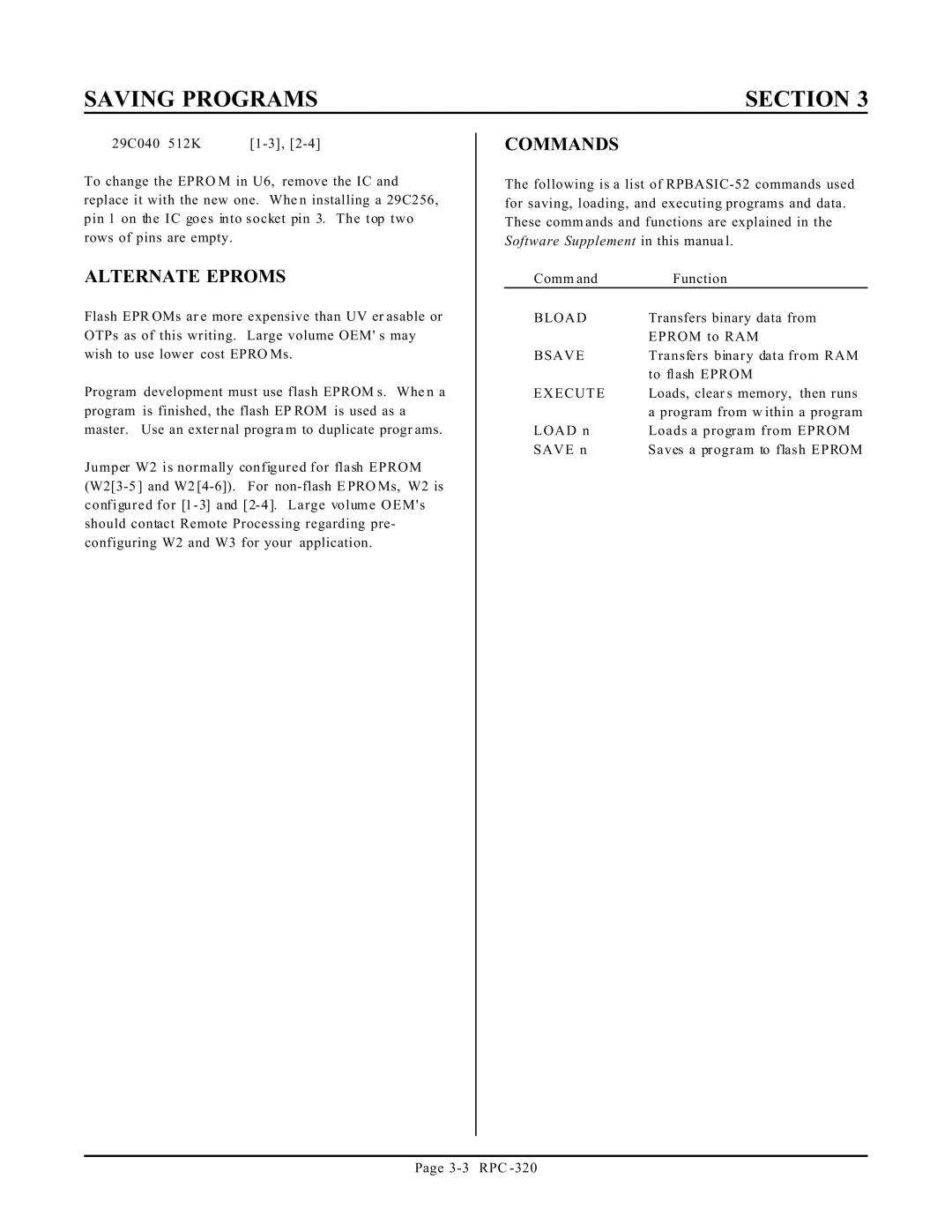 Remote Technologies RPC-320 manual Alternate Eproms, Commands, Bload, Bsave 
