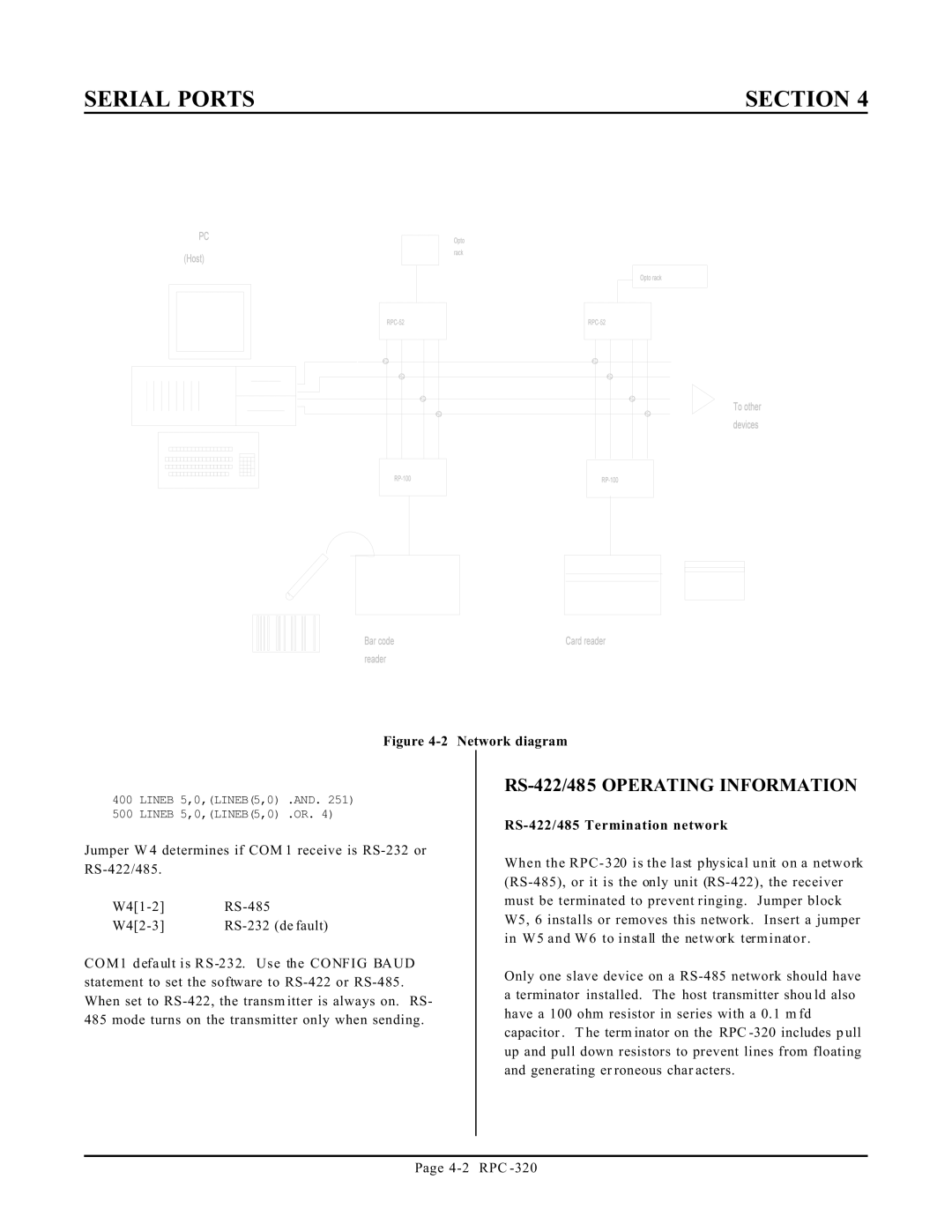 Remote Technologies RPC-320 manual Serial Ports Section, RS-422/485 Operating Information, RS-422/485 Termination network 