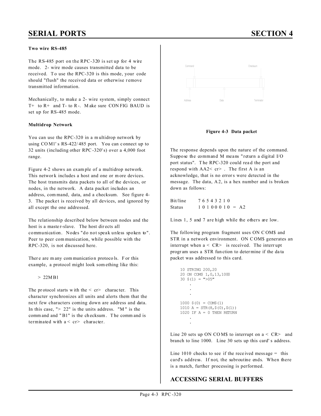 Remote Technologies RPC-320 manual Accessing Serial Buffers, Two wire RS-485, Multidrop Network 