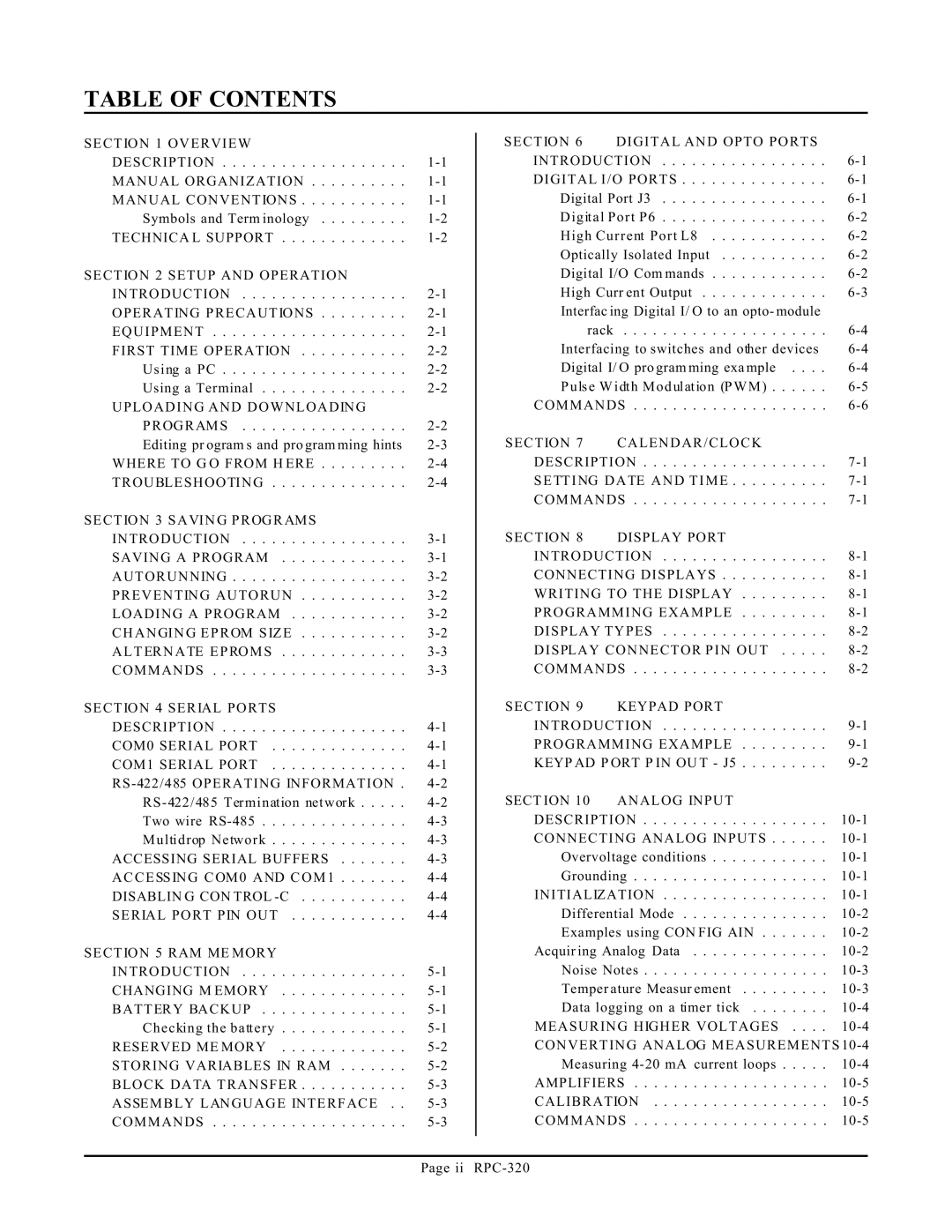 Remote Technologies RPC-320 manual Table of Contents 