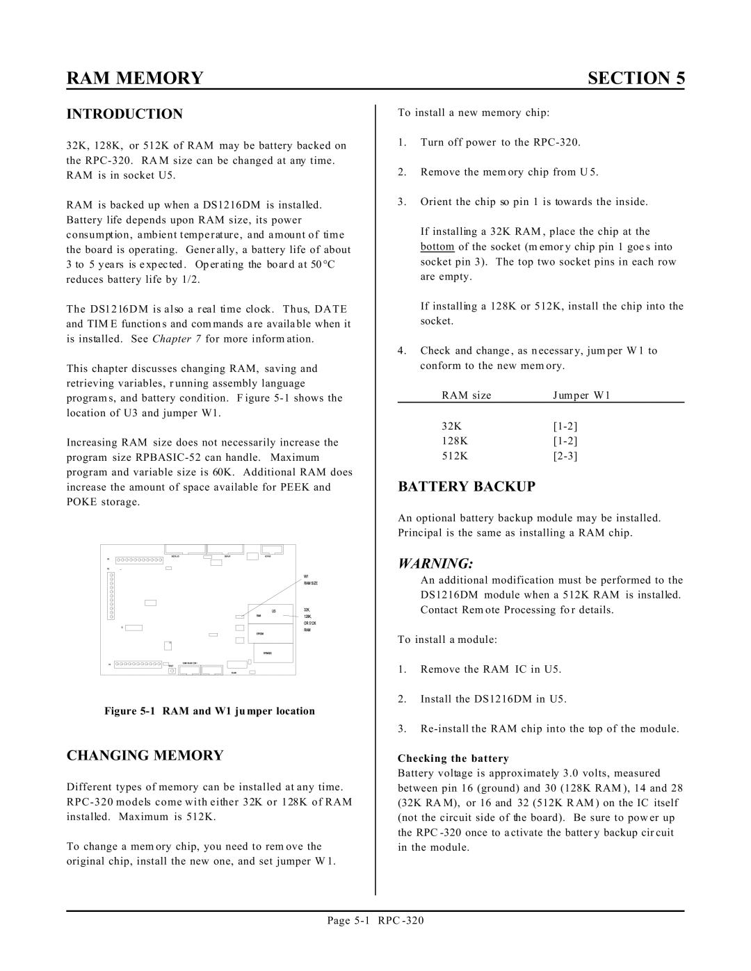 Remote Technologies RPC-320 manual RAM Memory, Changing Memory, Battery Backup, Checking the battery 