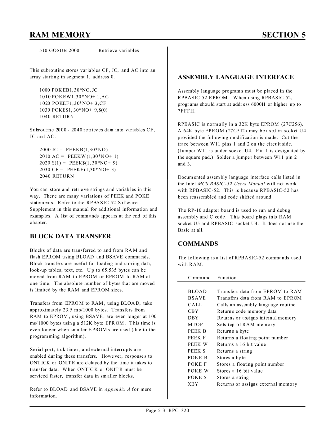 Remote Technologies RPC-320 manual Block Data Transfer, Assembly Language Interface 