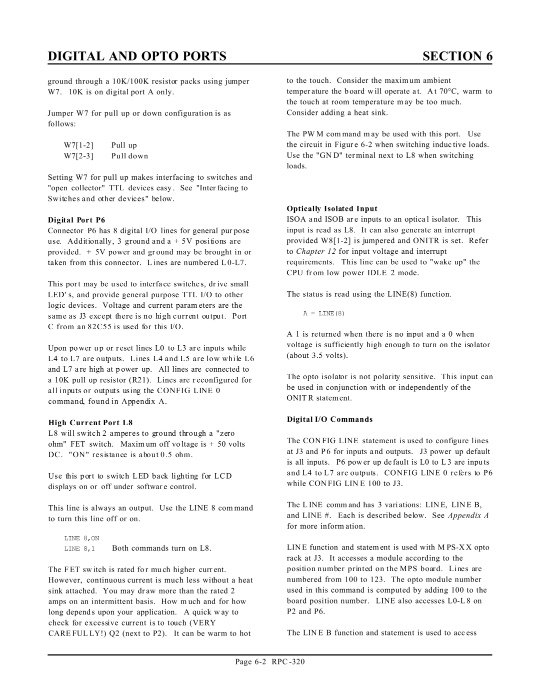 Remote Technologies RPC-320 manual Digital Port P6, High Current Port L8, Optically Isolated Input, Digital I/O Commands 
