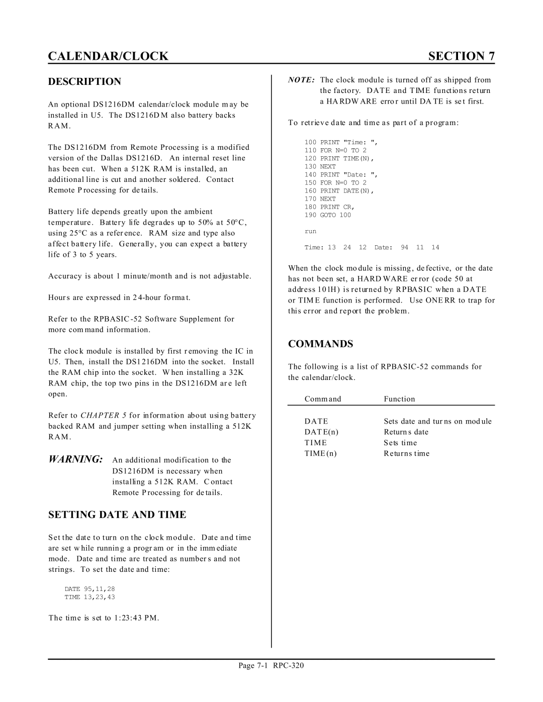 Remote Technologies RPC-320 manual Setting Date and Time, M E 