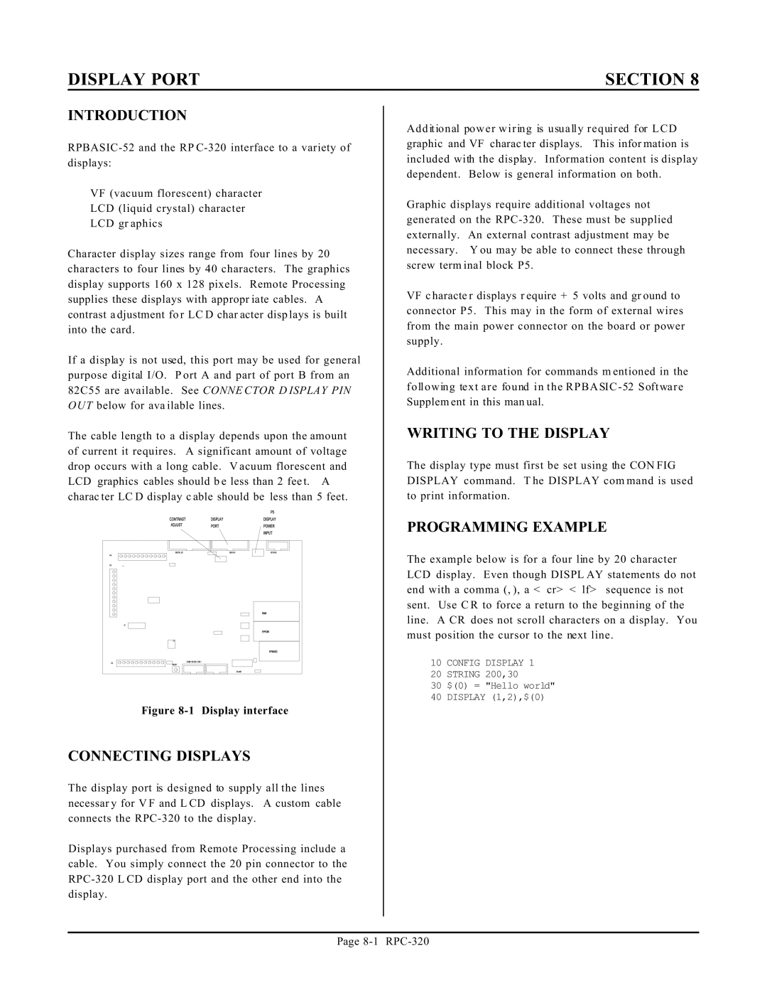 Remote Technologies RPC-320 manual Connecting Displays, Writing to the Display, Programming Example 