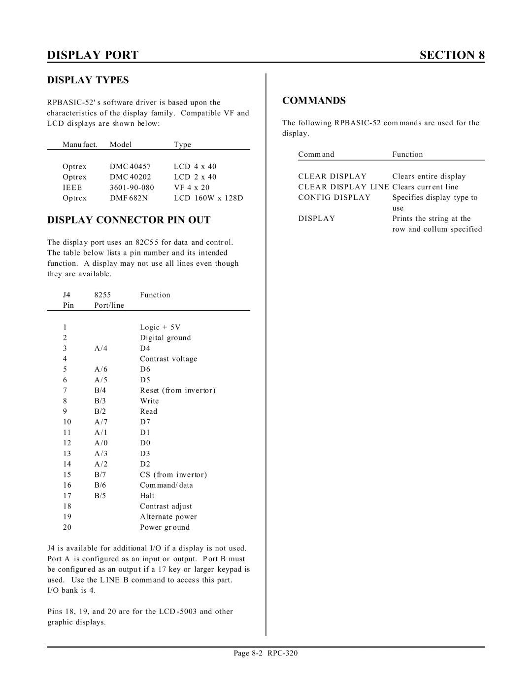 Remote Technologies RPC-320 manual Display Types, Display Connector PIN OUT 