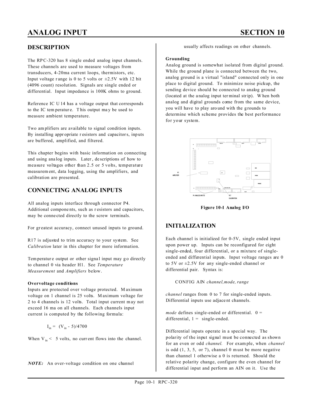 Remote Technologies RPC-320 manual Connecting Analog Inputs, Initialization, Overvoltage conditions, Grounding 