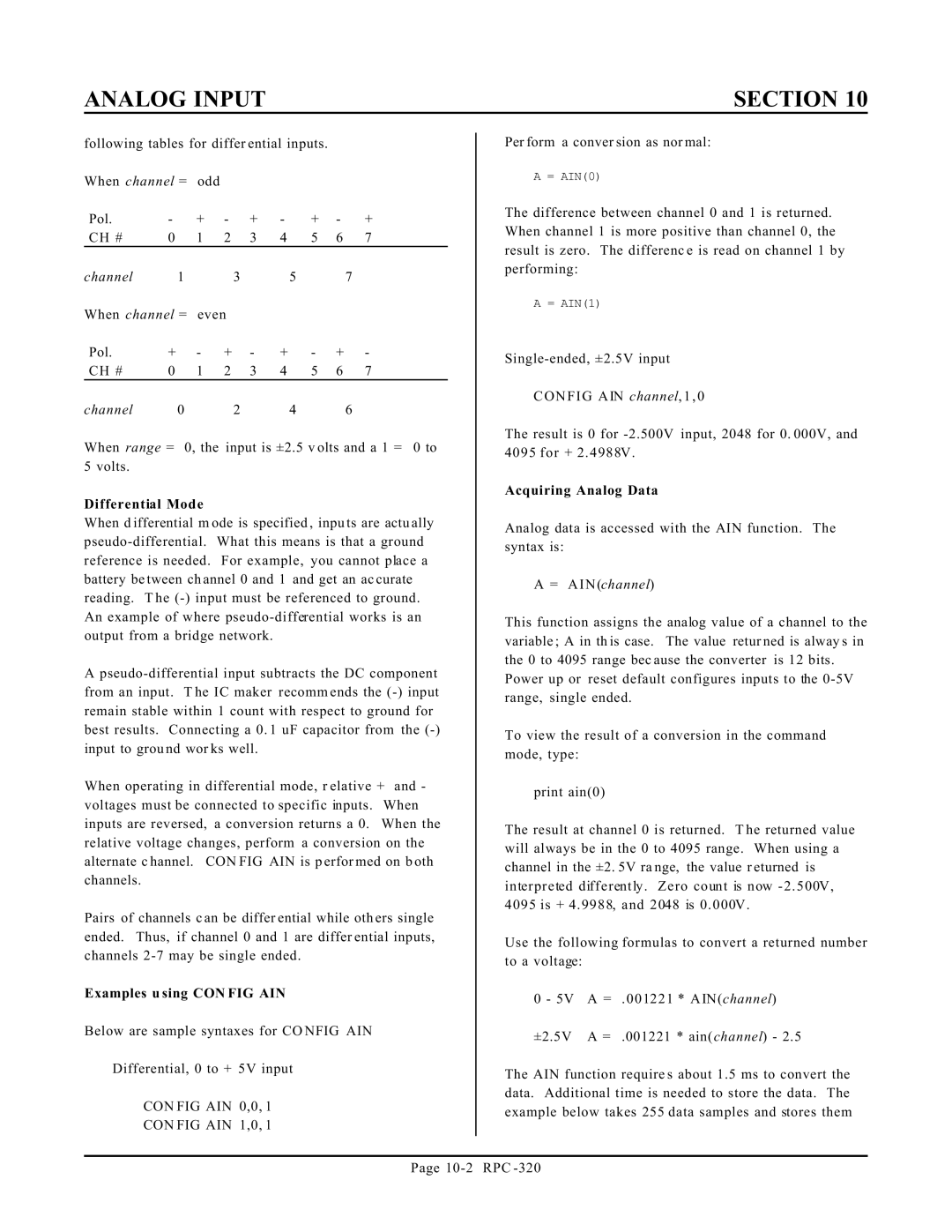 Remote Technologies RPC-320 manual Differential Mode, Examples u sing CON FIG AIN, Acquiring Analog Data 