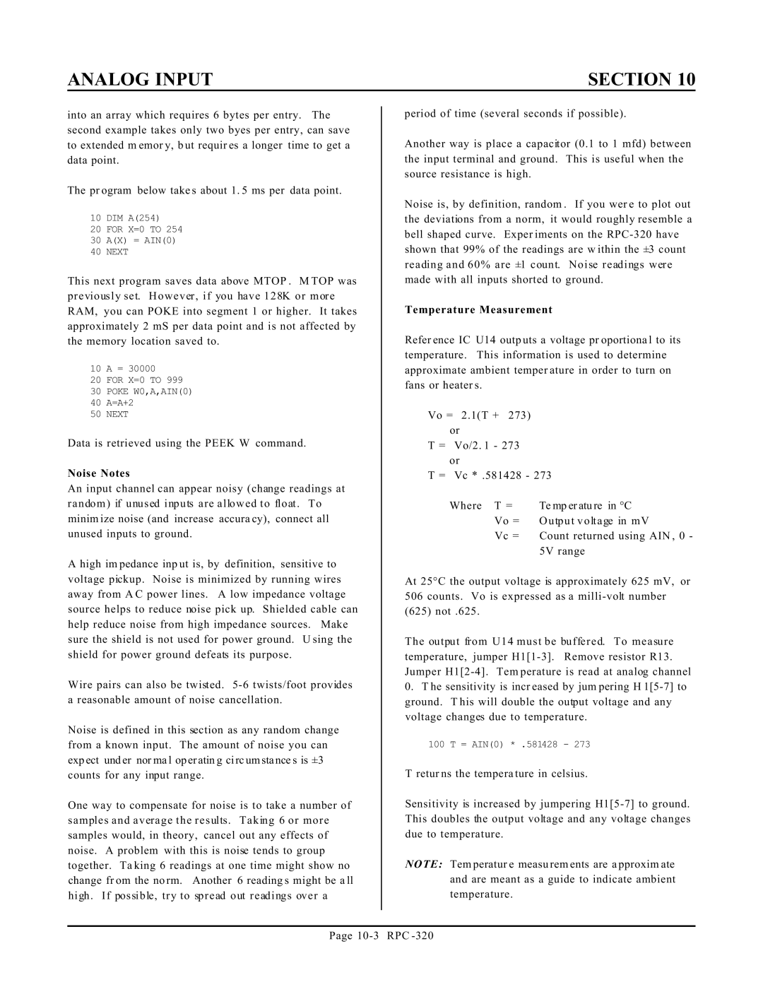 Remote Technologies RPC-320 manual Noise Notes, Temperature Measurement 