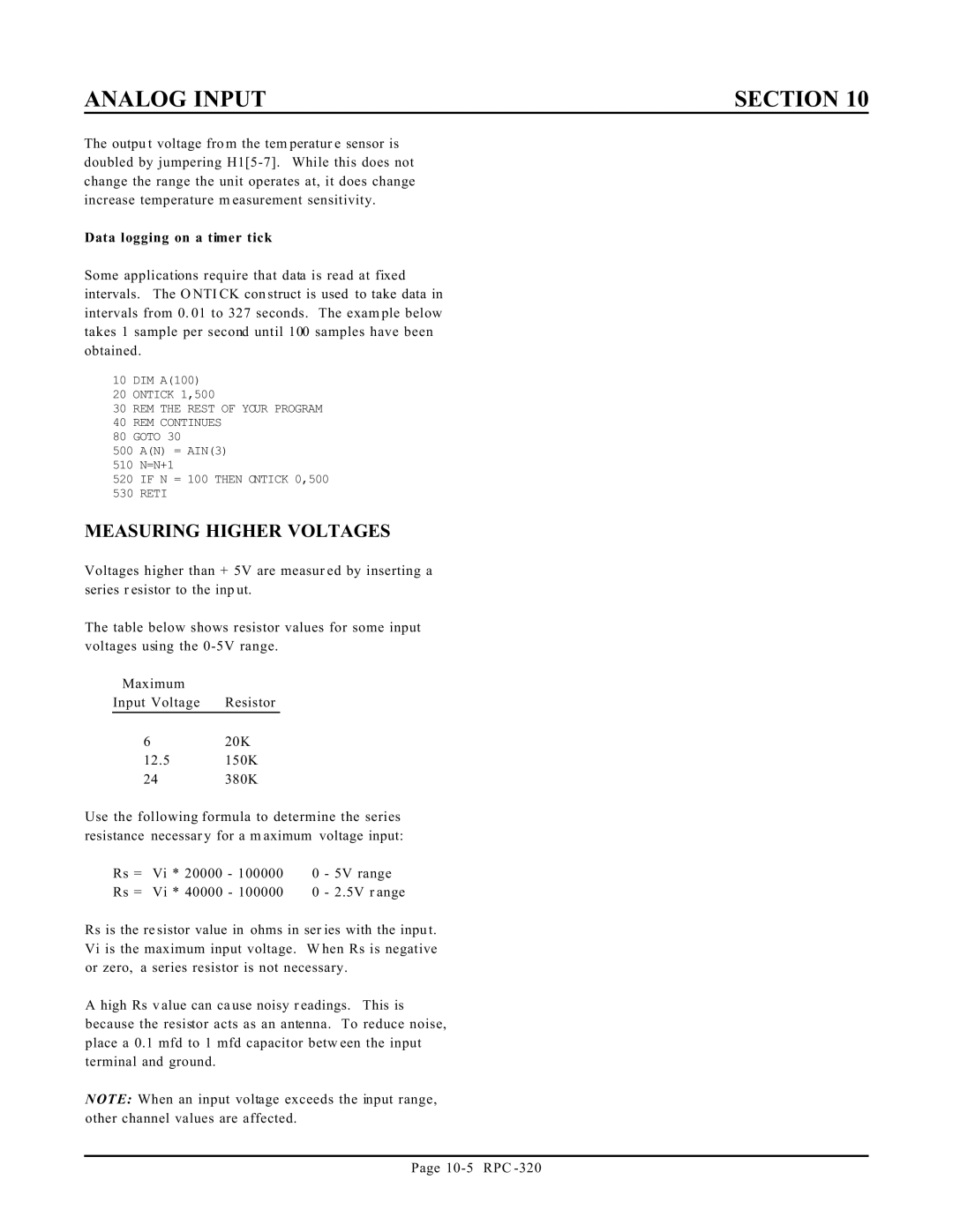 Remote Technologies RPC-320 manual Measuring Higher Voltages, Data logging on a timer tick 