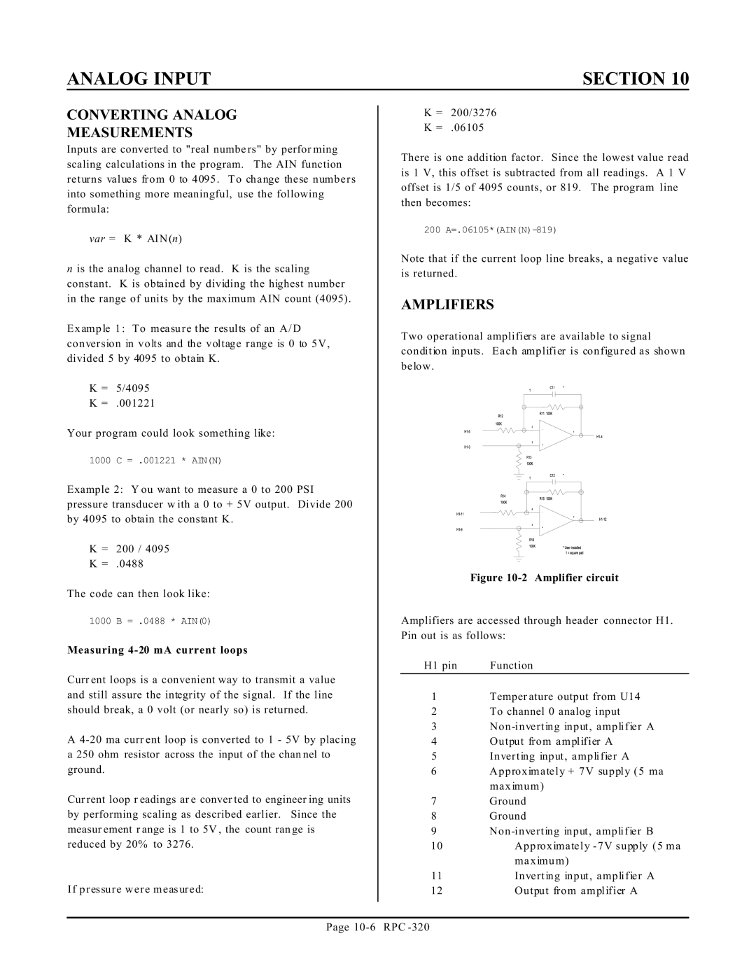 Remote Technologies RPC-320 manual Converting Analog Measurements, Amplifiers, Measuring 4-20 mA current loops 