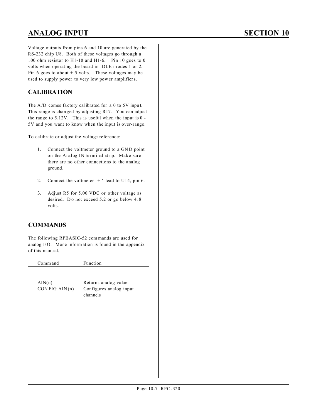 Remote Technologies RPC-320 manual Analog Input Section, Calibration 