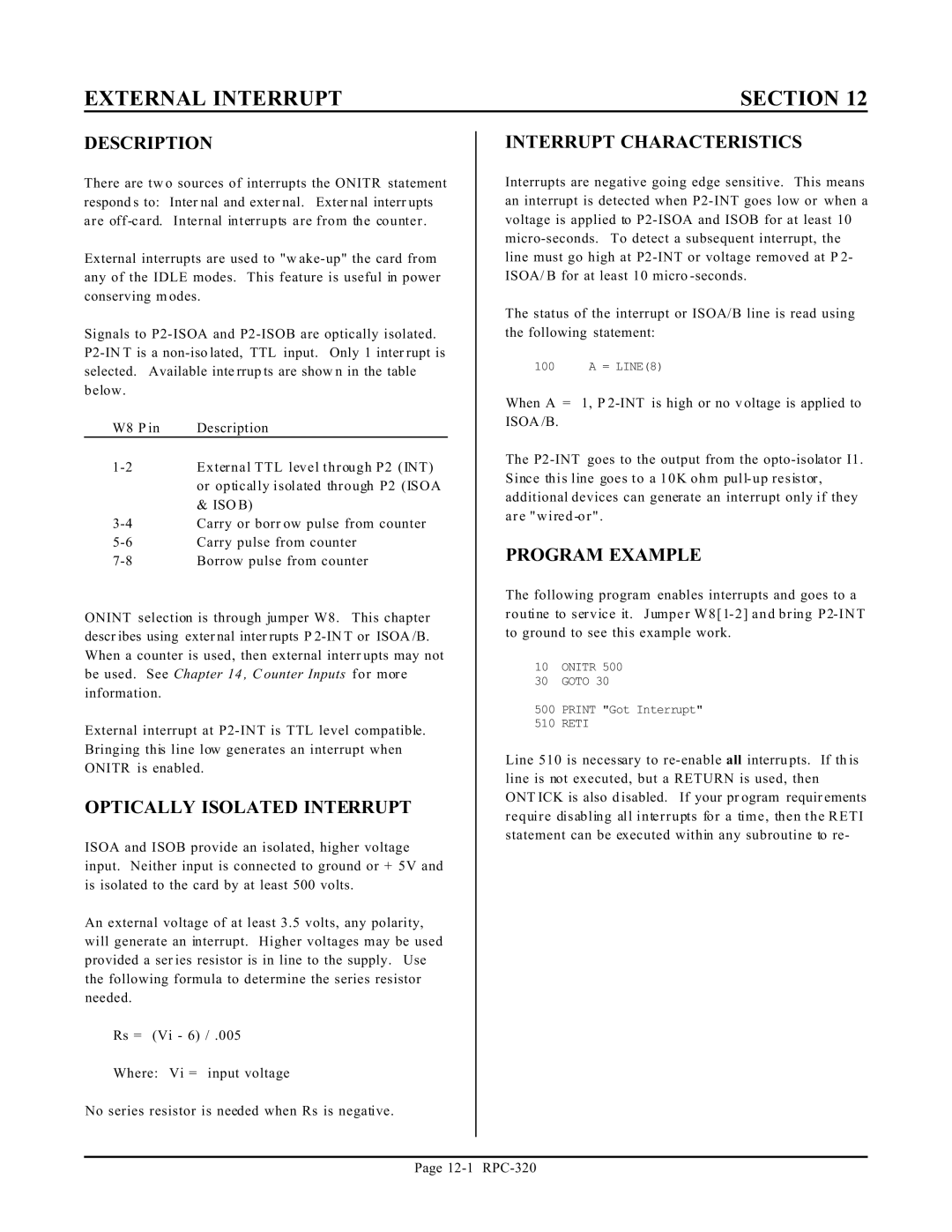 Remote Technologies RPC-320 manual Optically Isolated Interrupt, Interrupt Characteristics, Program Example 