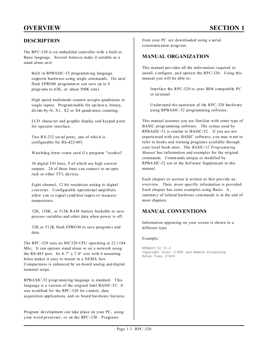 Remote Technologies RPC-320 manual Overview, Section, Description, Manual Organization, Manual Conventions 