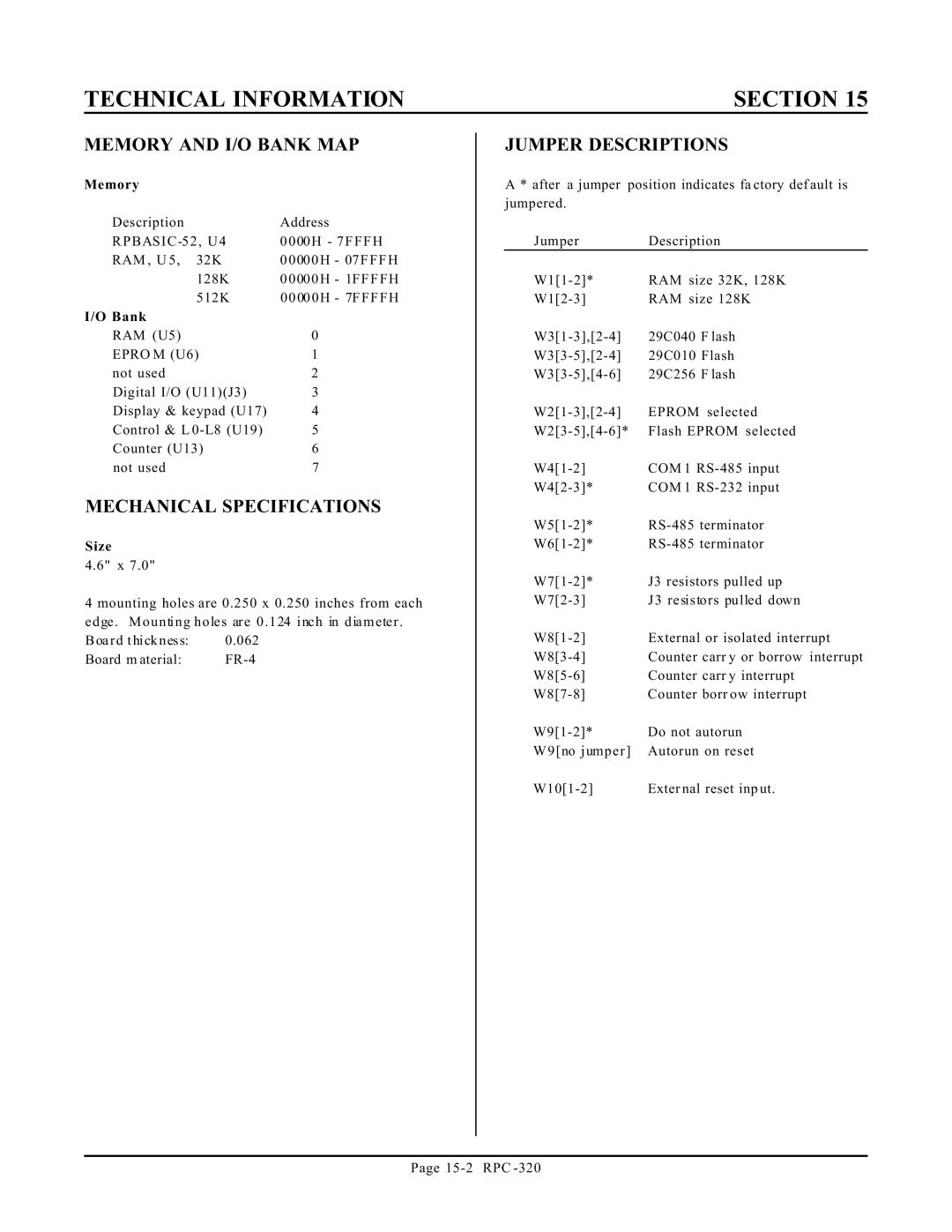 Remote Technologies RPC-320 manual Memory and I/O Bank MAP, Mechanical Specifications, Jumper Descriptions, Size 