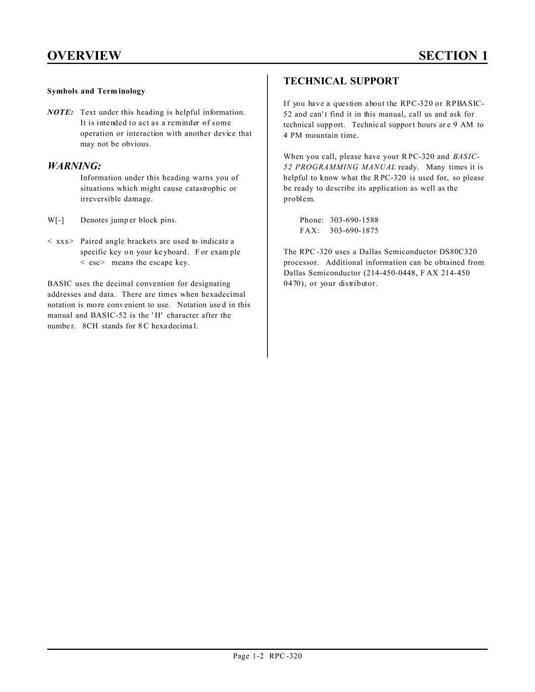 Remote Technologies RPC-320 manual Technical Support, Symbols and Term inology 