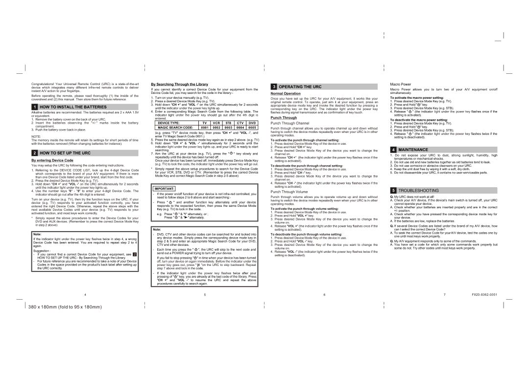 Remotec 1279041 manual HOW to Install the Batteries, HOW to SET UP the URC, Operating the URC, Maintenance, Troubleshooting 