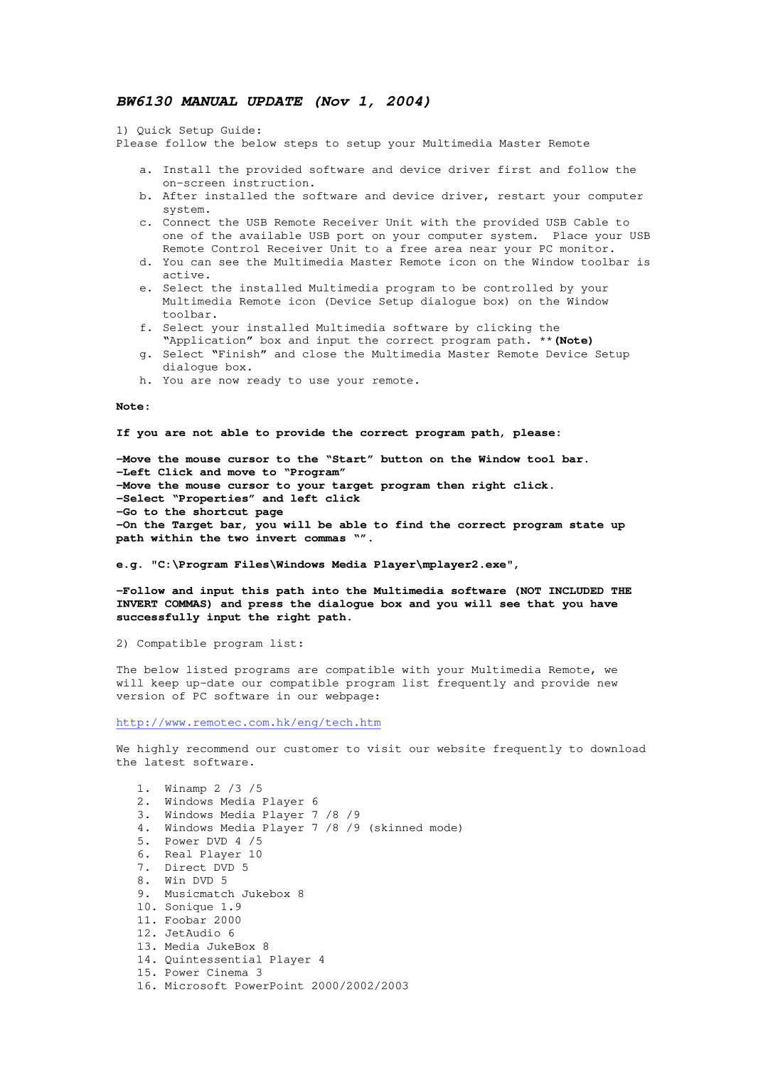 Remotec Multimedia Master Remote manual BW6130 Manual Update Nov 1 