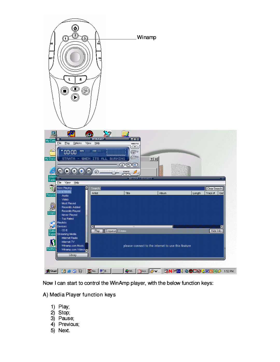 Remotec Multimedia Master Remote manual Winamp, A Media Player function keys, Play; 2 Stop; 3 Pause; 4 Previous; 5 Next 