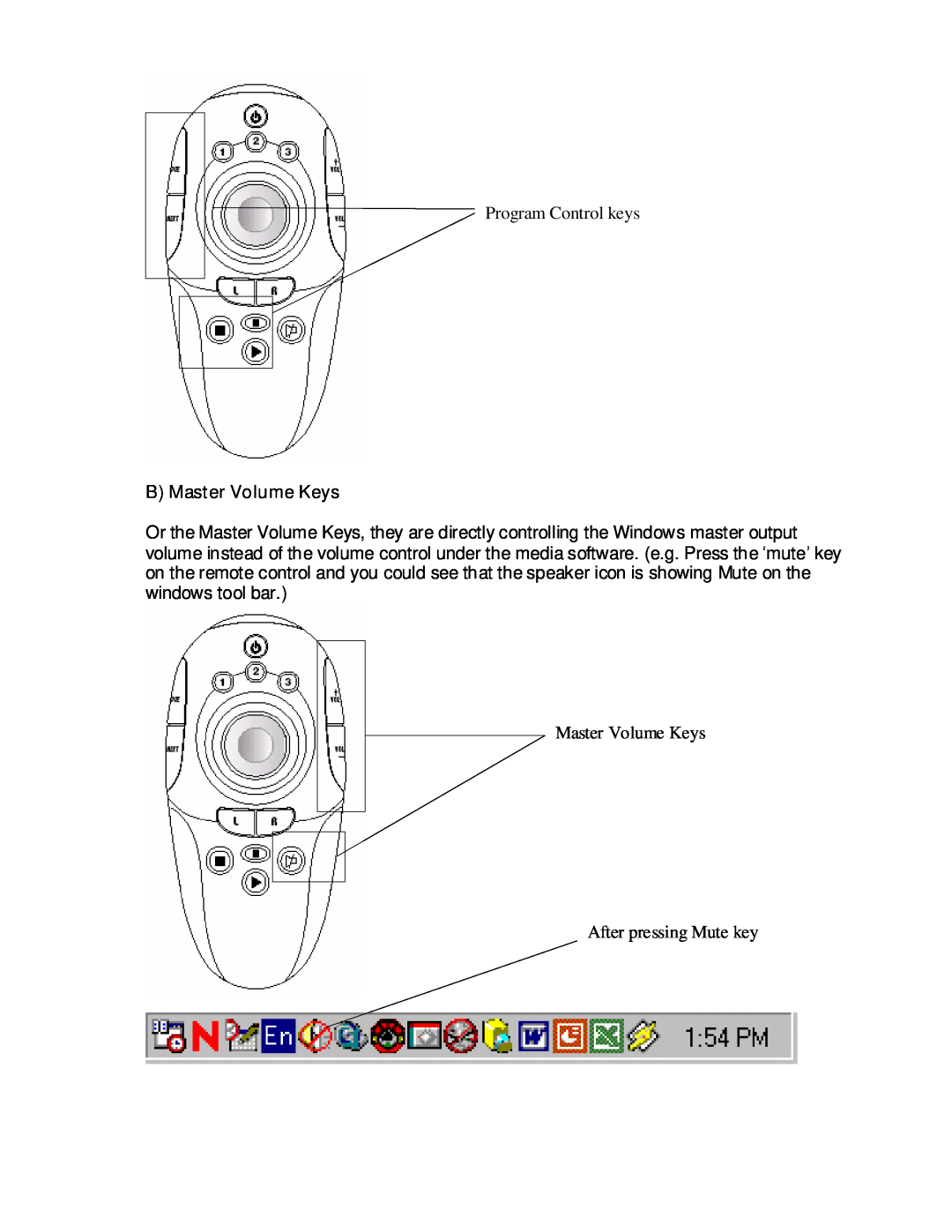 Remotec Multimedia Master Remote Program Control keys, B Master Volume Keys, Master Volume Keys After pressing Mute key 