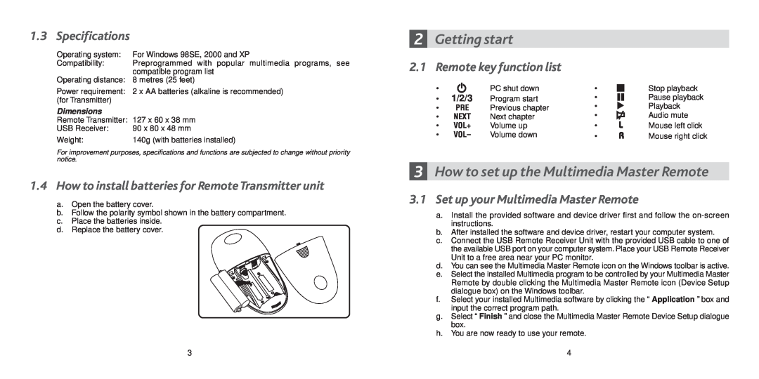 Remotec Getting start, How to set up the Multimedia Master Remote, Specifications, Remote key function list, 1/2/3 