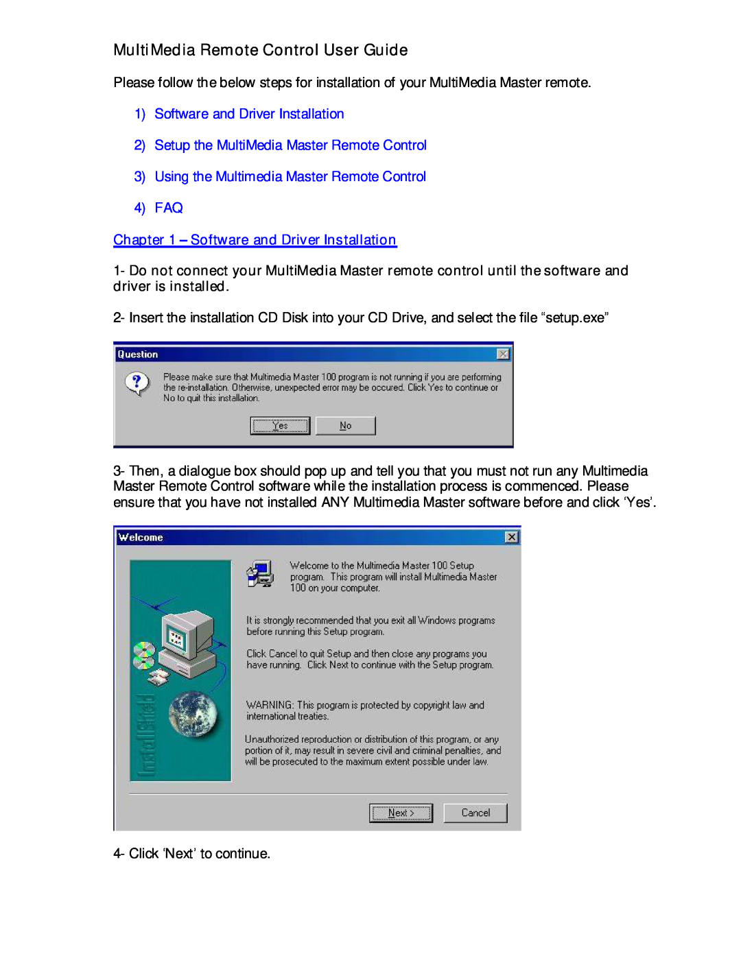 Remotec Multimedia Master Remote manual Software and Driver Installation, MultiMedia Remote Control User Guide 