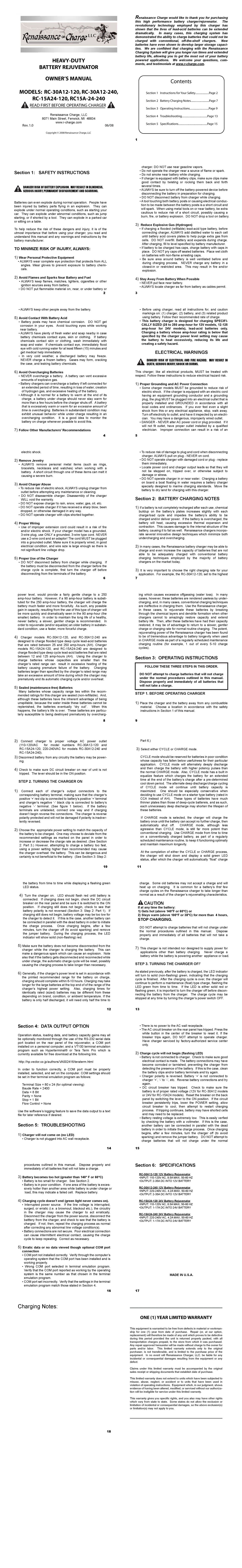 Renaissance Group RC15A-24-240, RC-30A12-240, RC-30A12-120, RC-15A24-120 manual Charging Notes Contents 