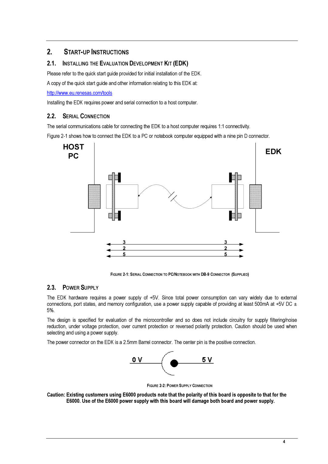 Renesas EDK3687 START-UP Instructions, Installing the Evaluation Development KIT EDK, Serial Connection, Power Supply 