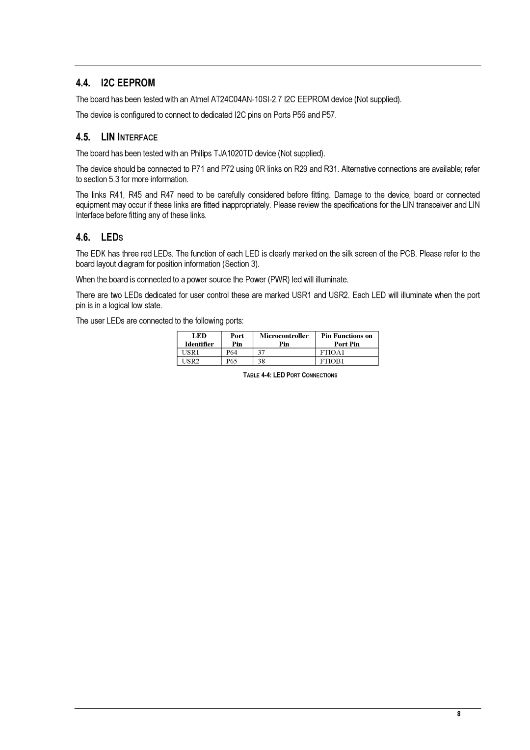 Renesas EDK3687 user manual I2C Eeprom, LIN Interface, Port Microcontroller, Pin 