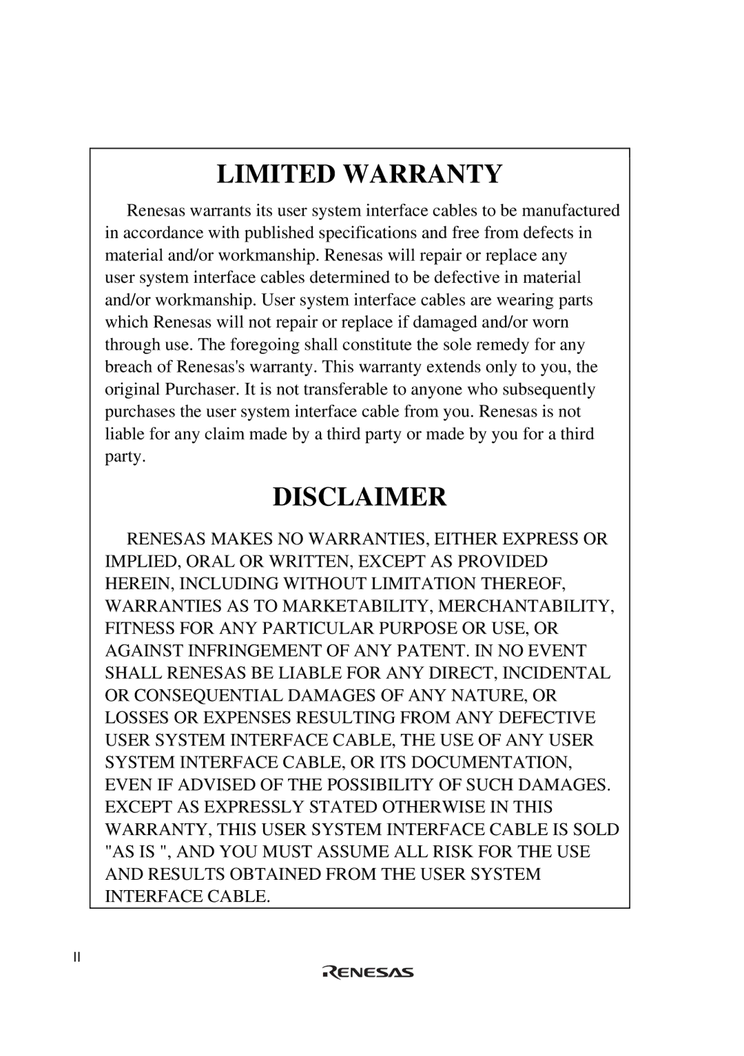 Renesas H8S/2615 Series user manual Limited Warranty 