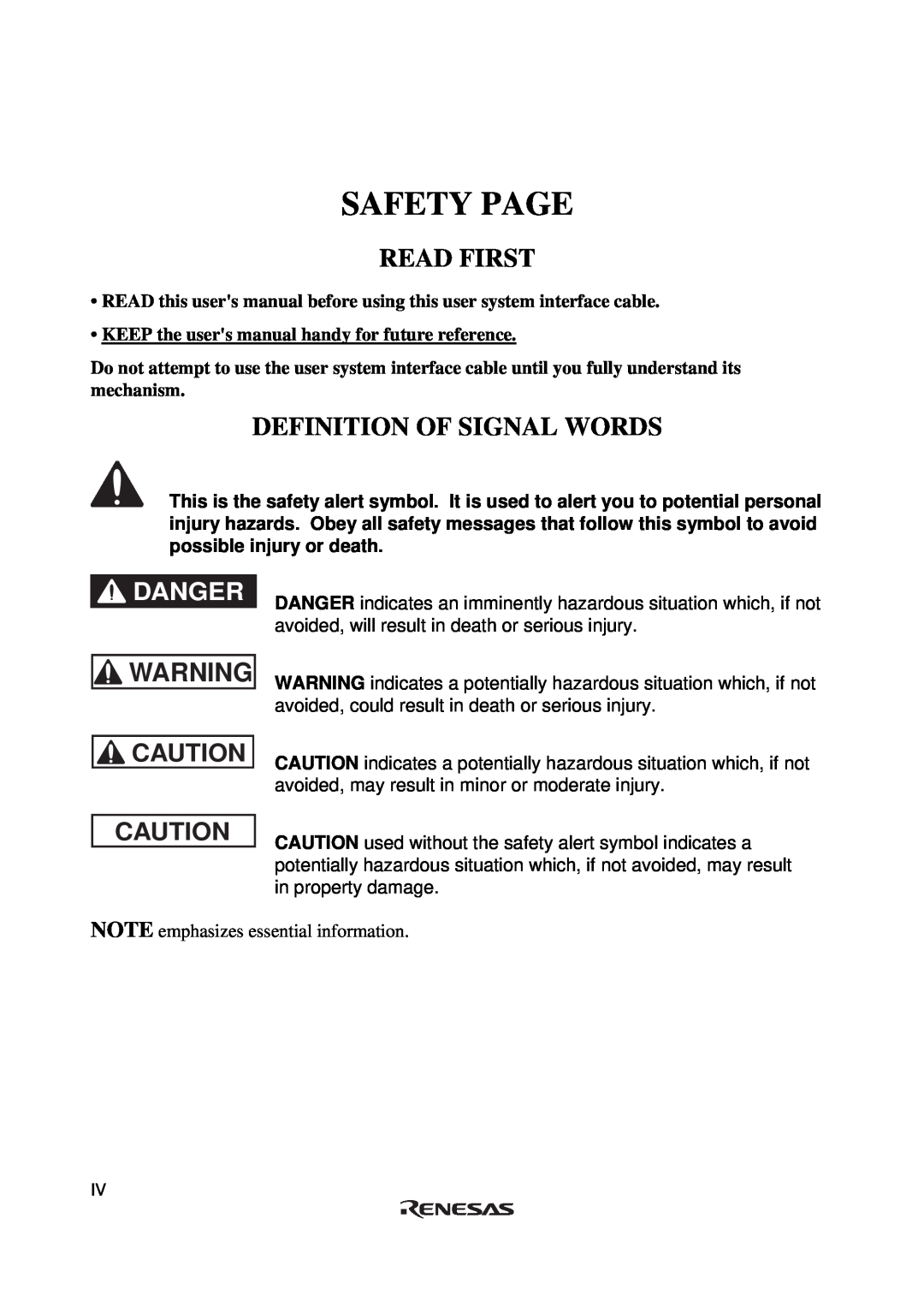 Renesas H8S/2615 Series user manual Safety Page, Definition Of Signal Words, Read First, Danger 
