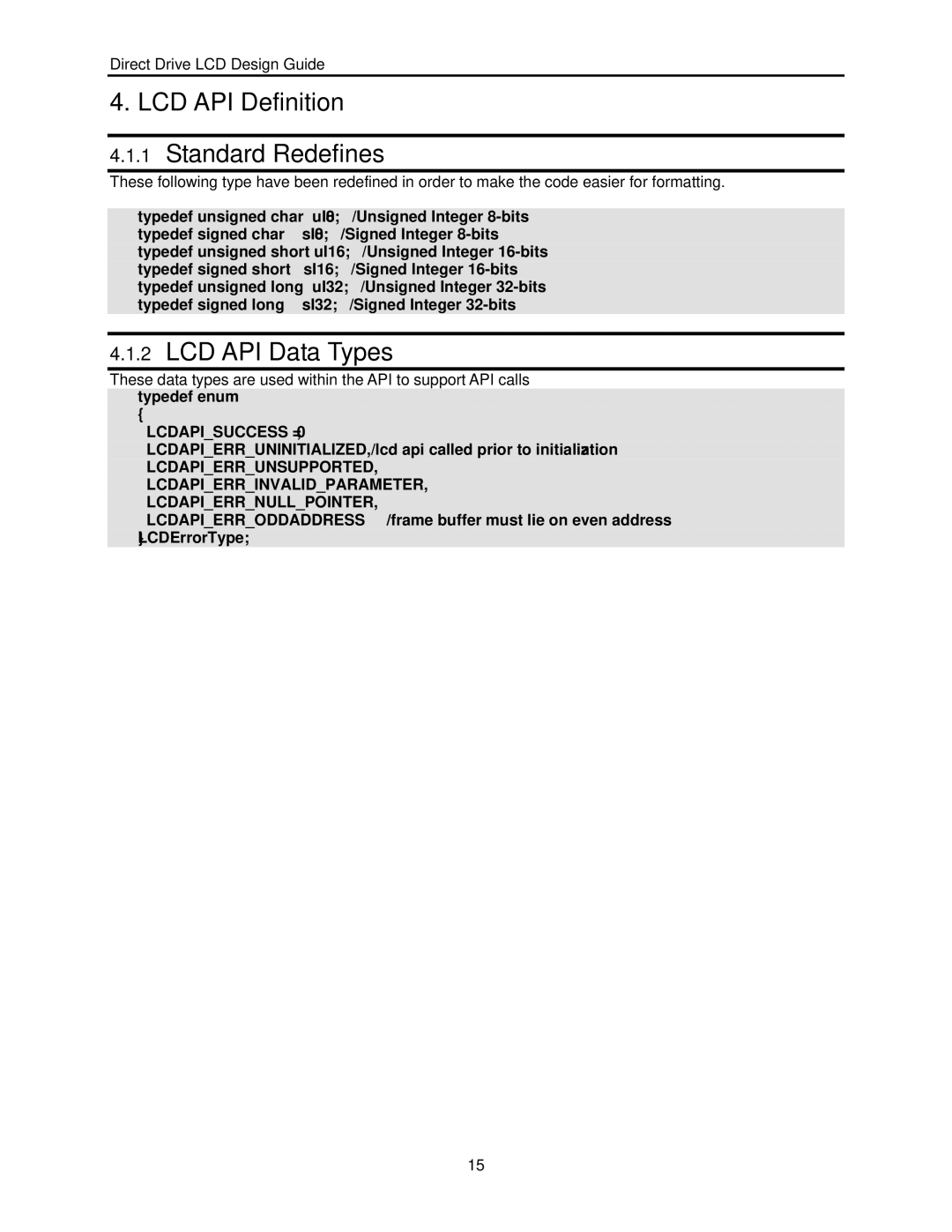 Renesas H8SX user manual LCD API Definition Standard Redefines, LCD API Data Types 